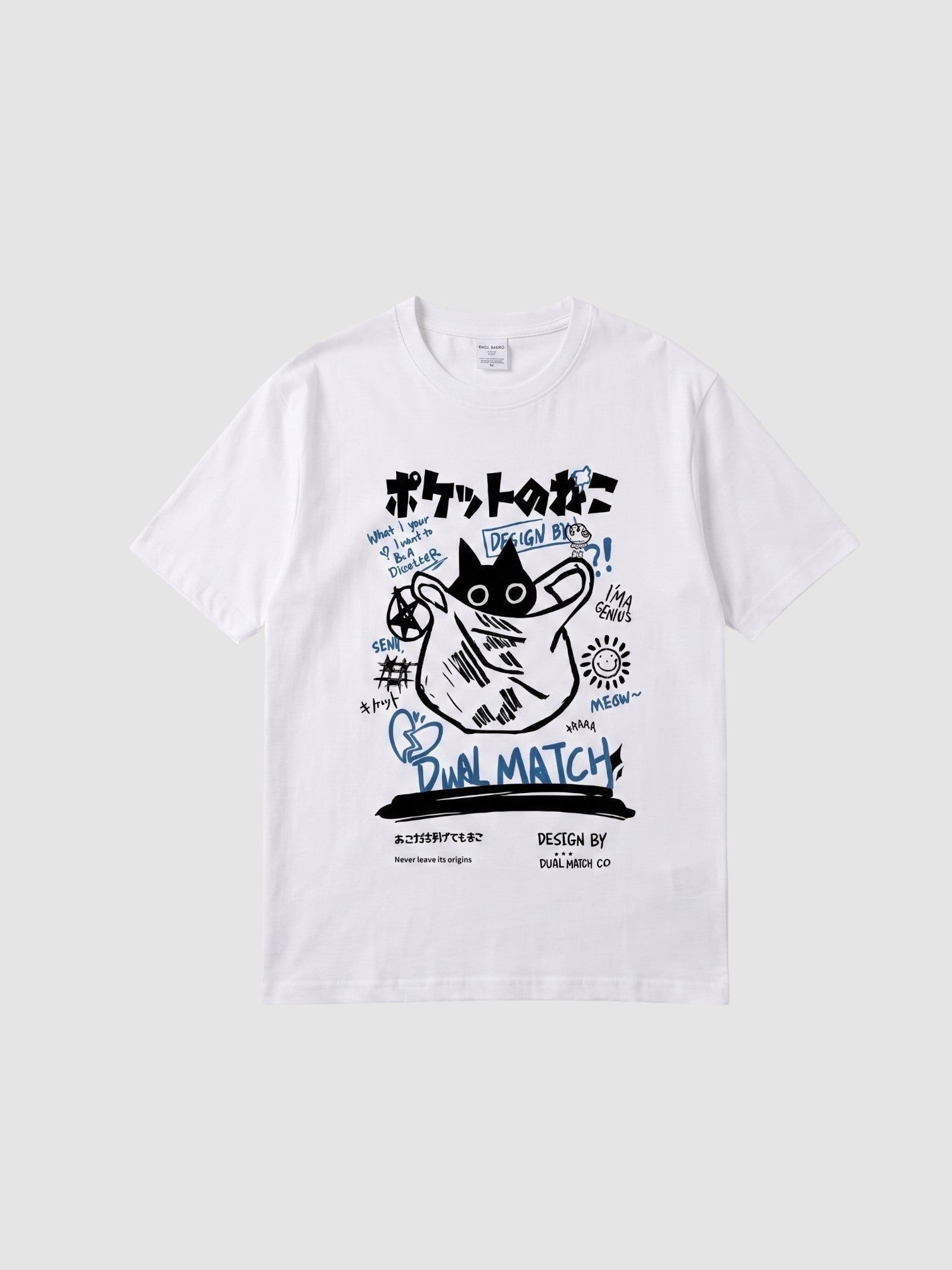 Y2K Avenue white t-shirt featuring a black cat graphic in a bag with Japanese text and graffiti-style lettering