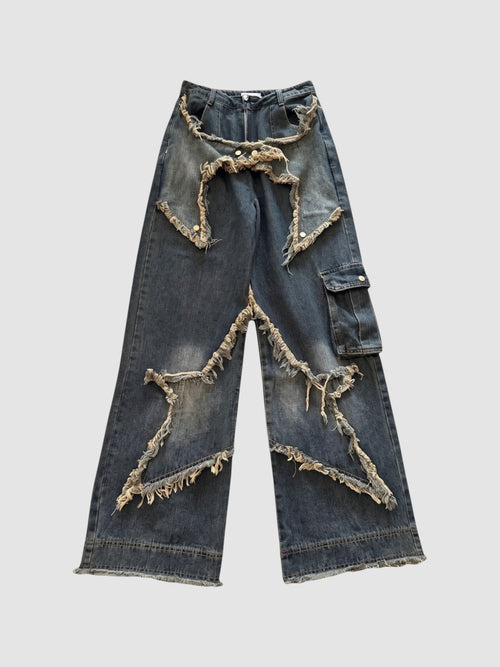 Y2K Avenue high-waisted baggy cargo jeans in indigo denim with frayed star-shaped patchwork and side cargo pocket.
