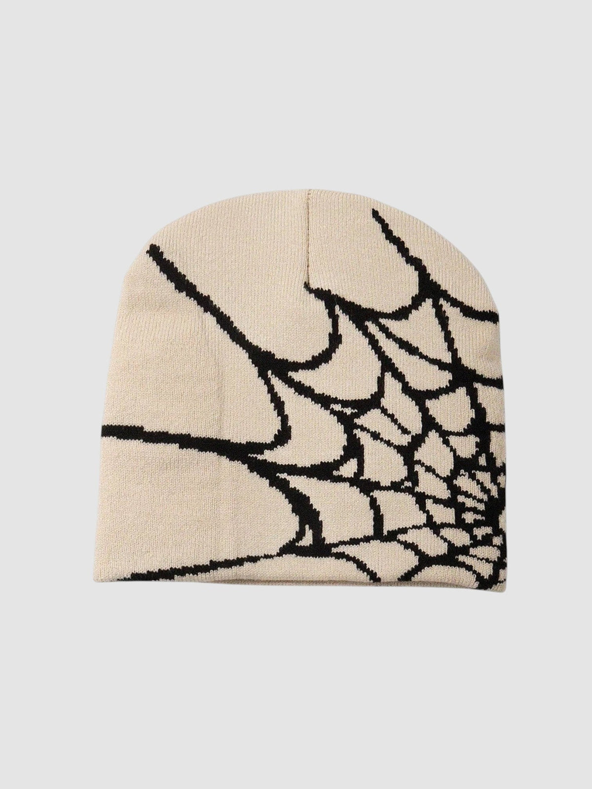 Bonnet beige en tricot léger avec motif toile d'araignée noire audacieux.
