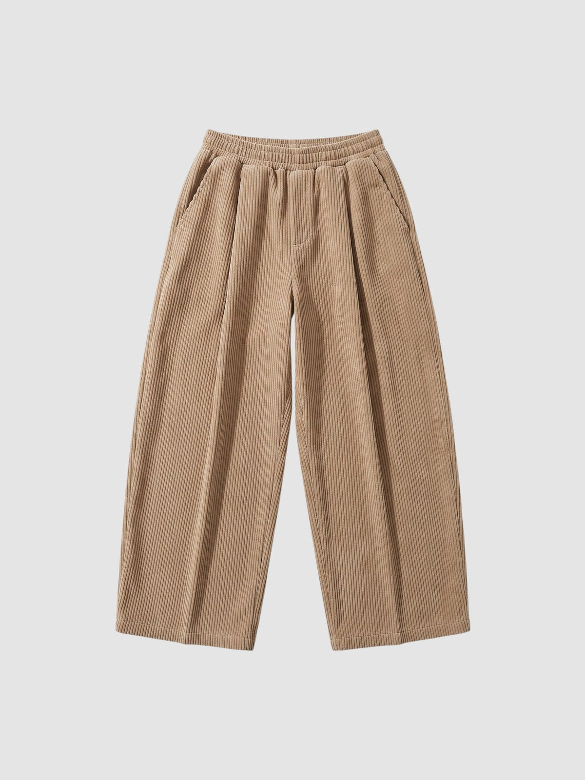 Pantalon en velours côtelé beige jambe large avec taille élastiquée et poches profondes sur le côté, style Y2K décontracté.