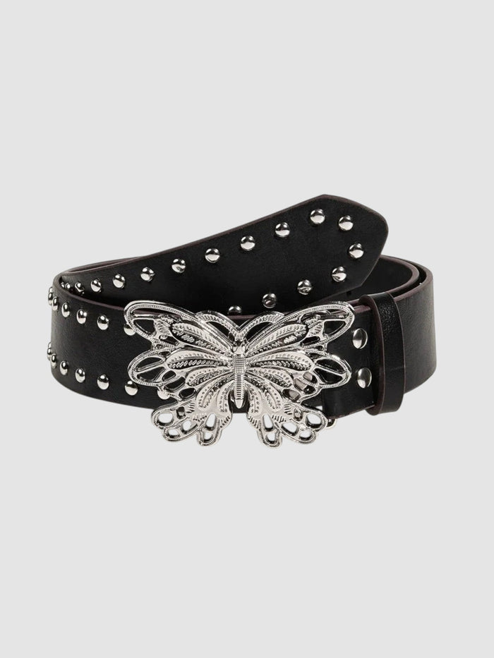 Ceinture noire en cuir synthétique avec boucle papillon en filigrane argenté et clous métalliques.