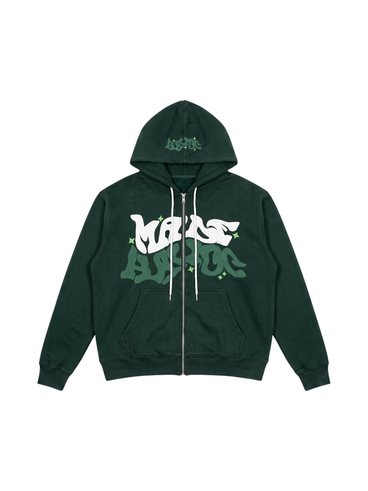 Hoodie zippé vert avec lettrage graffiti bulle blanc et petits accents étoile.