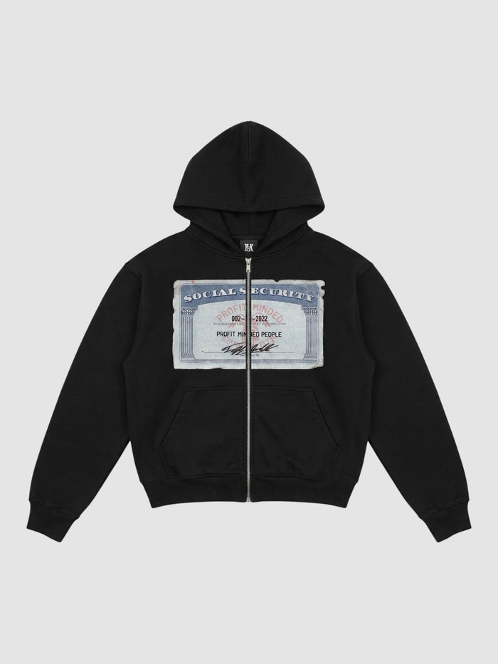Hoodie zippé noir avec graphisme carte Social Security imprimé sur la poitrine et fermeture zippée métallique.