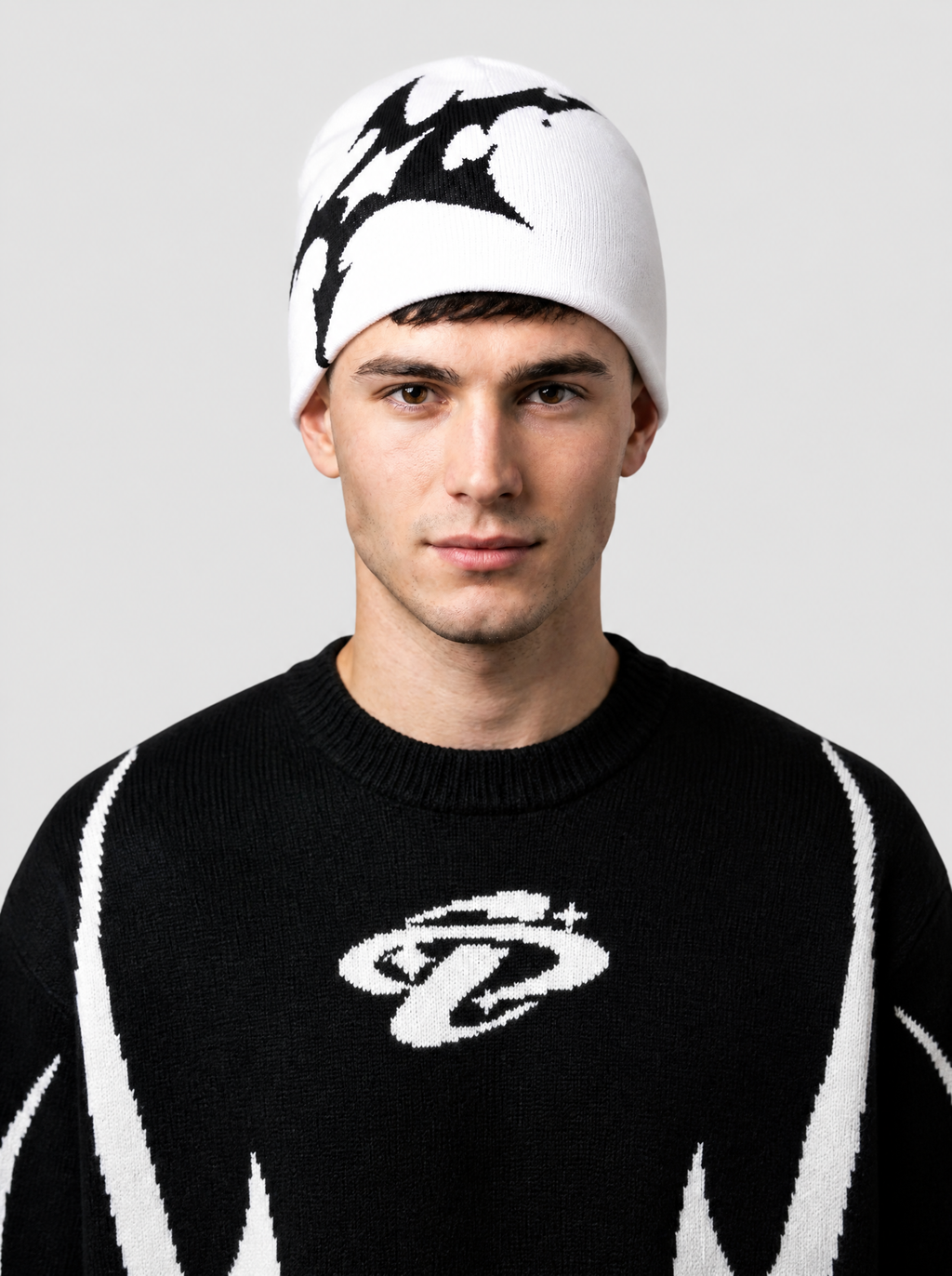 Autre vue | Homme portant de face le bonnet blanc à motif éclair noir en jacquard, avec un pull noir à flammes | Variante : Blanc
