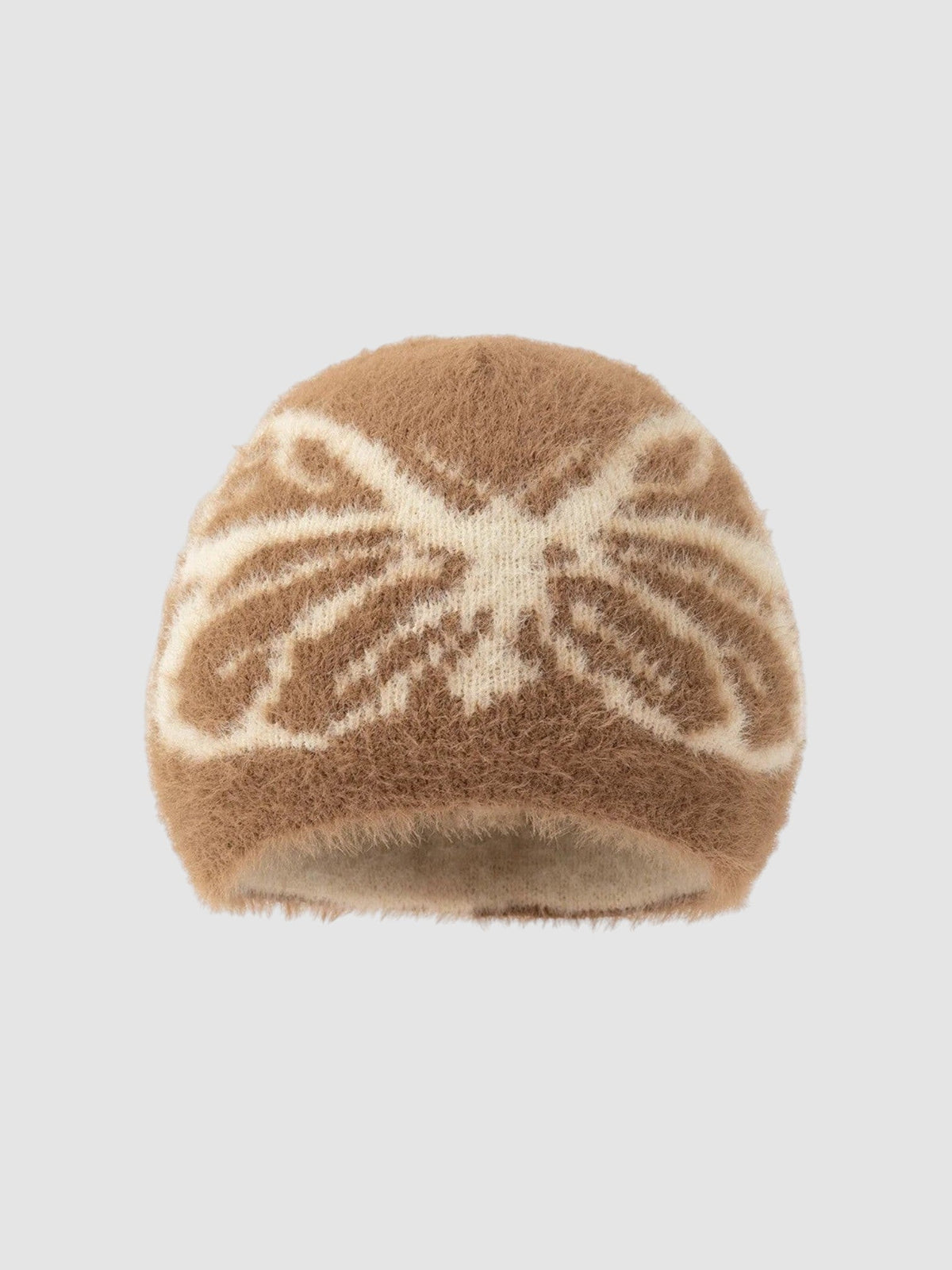 Bonnet Papillon beige duveteux avec motif ailes de papillon crème, texture douce et pelucheuse.