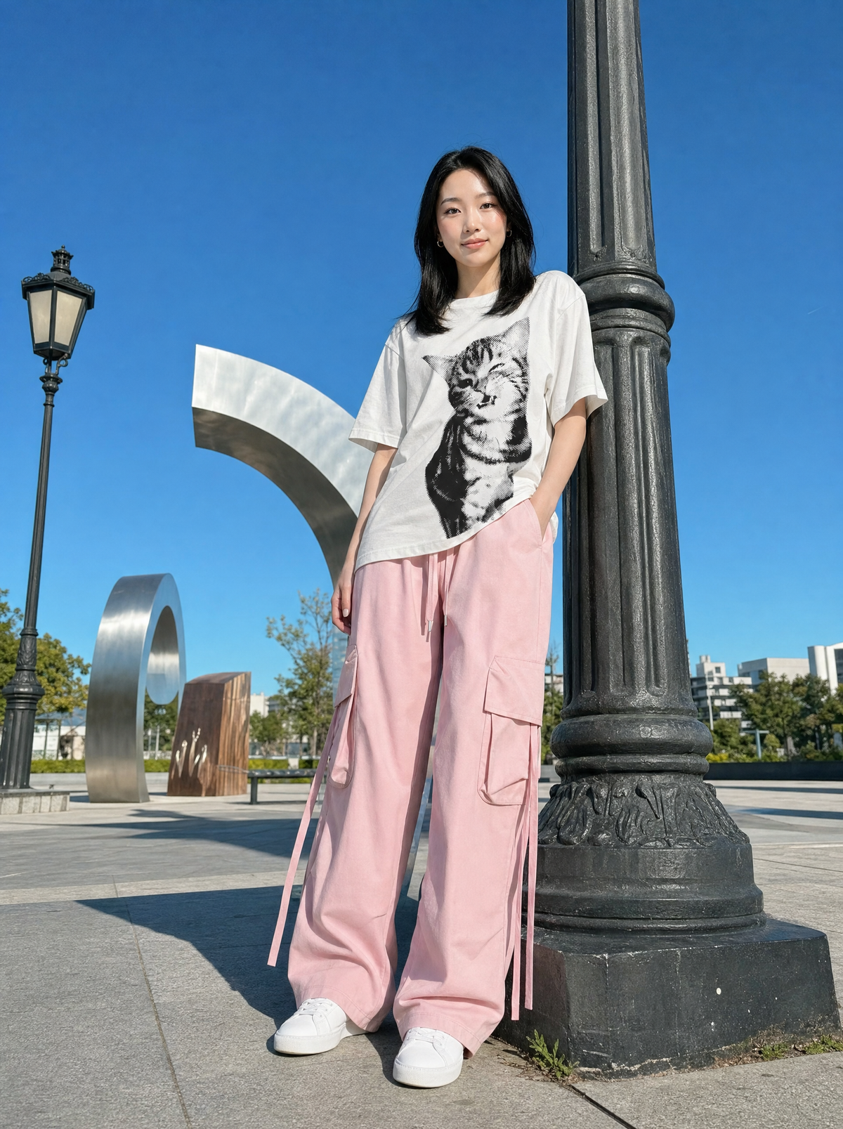 Photo lifestyle | Femme adossée à un lampadaire sur une place en plein soleil, cargo parachute rose pastel à sangles et t-shirt blanc imprimé chat