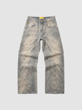 Jean baggy gris délavé en denim avec appliqués flammes à bord brut et coupe droite décontractée.
