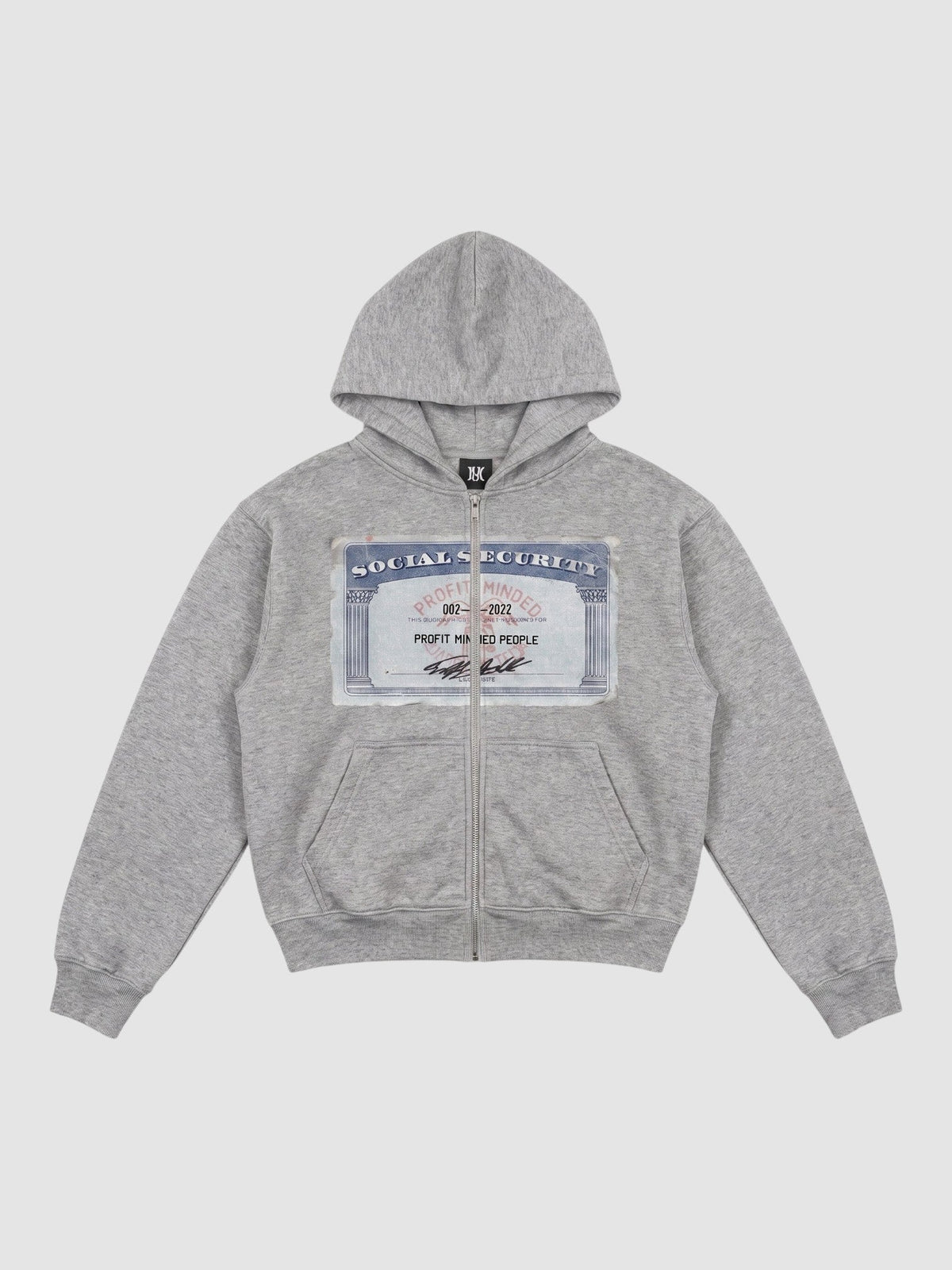 Hoodie zippé gris avec graphisme carte Social Security imprimé sur la poitrine et fermeture zippée métallique intégrale.