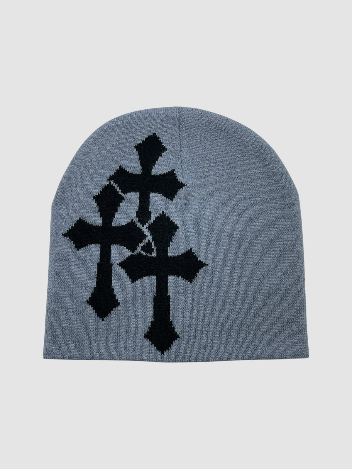 Bonnet gris avec motif jacquard triple croix noir, tricot classique.