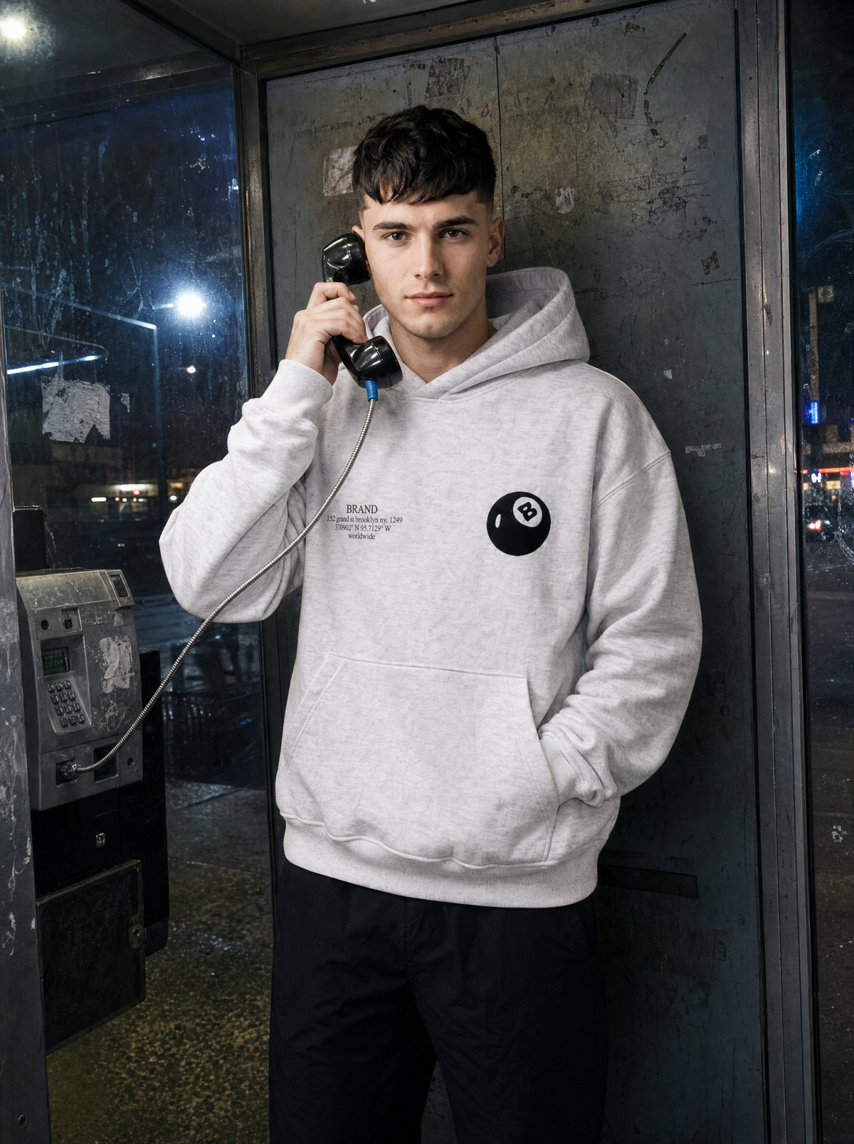 Photo lifestyle | Homme dans une cabine téléphonique la nuit, combiné à l'oreille, hoodie gris chiné à boule 8 noire et pantalon noir | Variante : Gris Clair