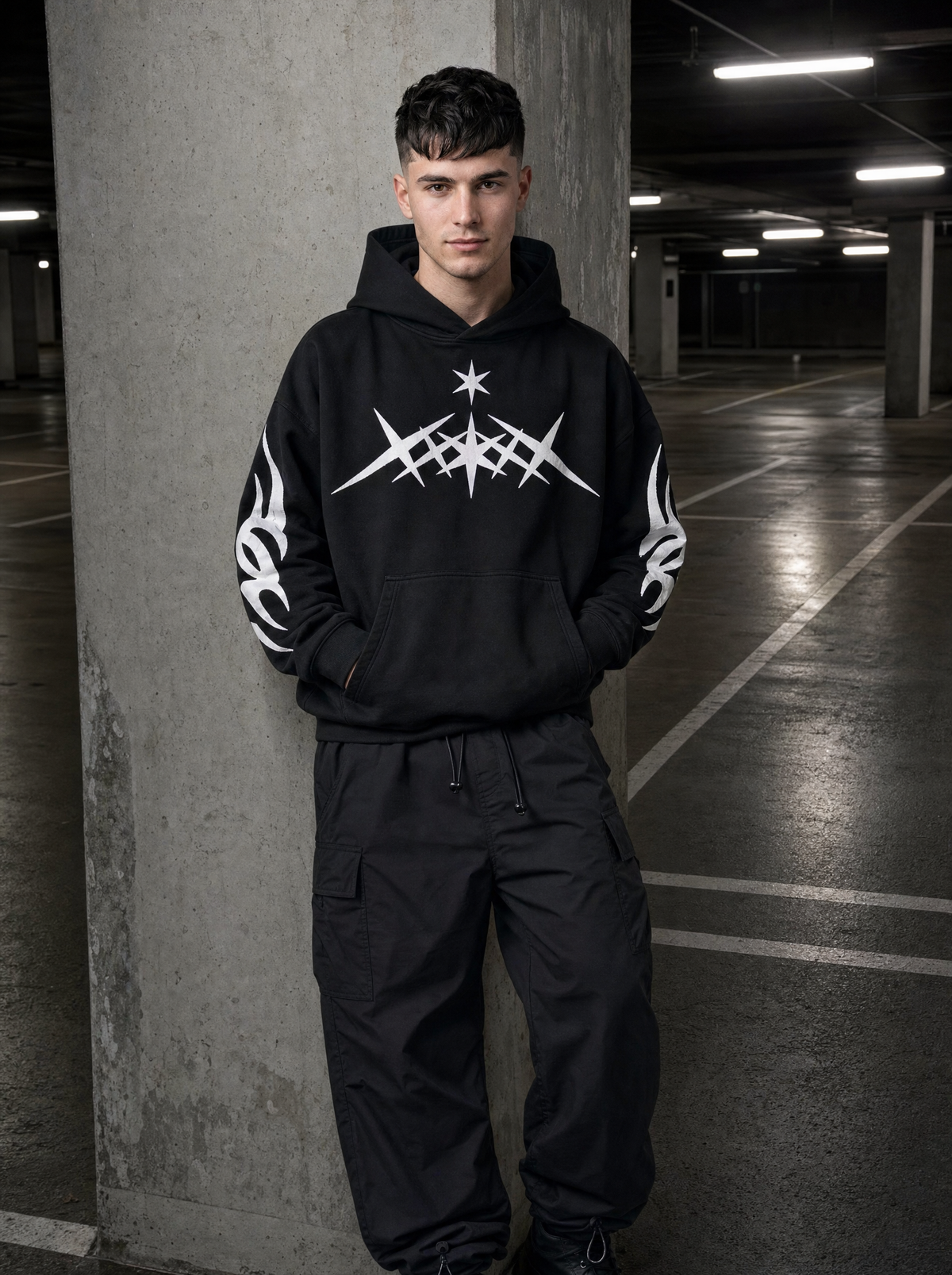Photo lifestyle | Hoodie oversize noir à motif d'étoiles pointues blanches porté par un homme adossé à un pilier dans un parking souterrain, avec un cargo noir