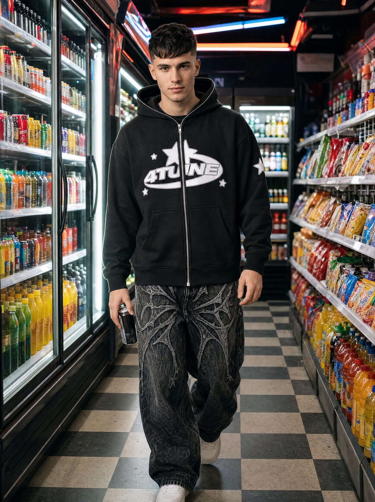 Photo lifestyle | Homme qui marche dans l'allée d'une supérette la nuit, hoodie zippé noir à logo 4TUNE blanc et jean baggy délavé | Variante : Noir