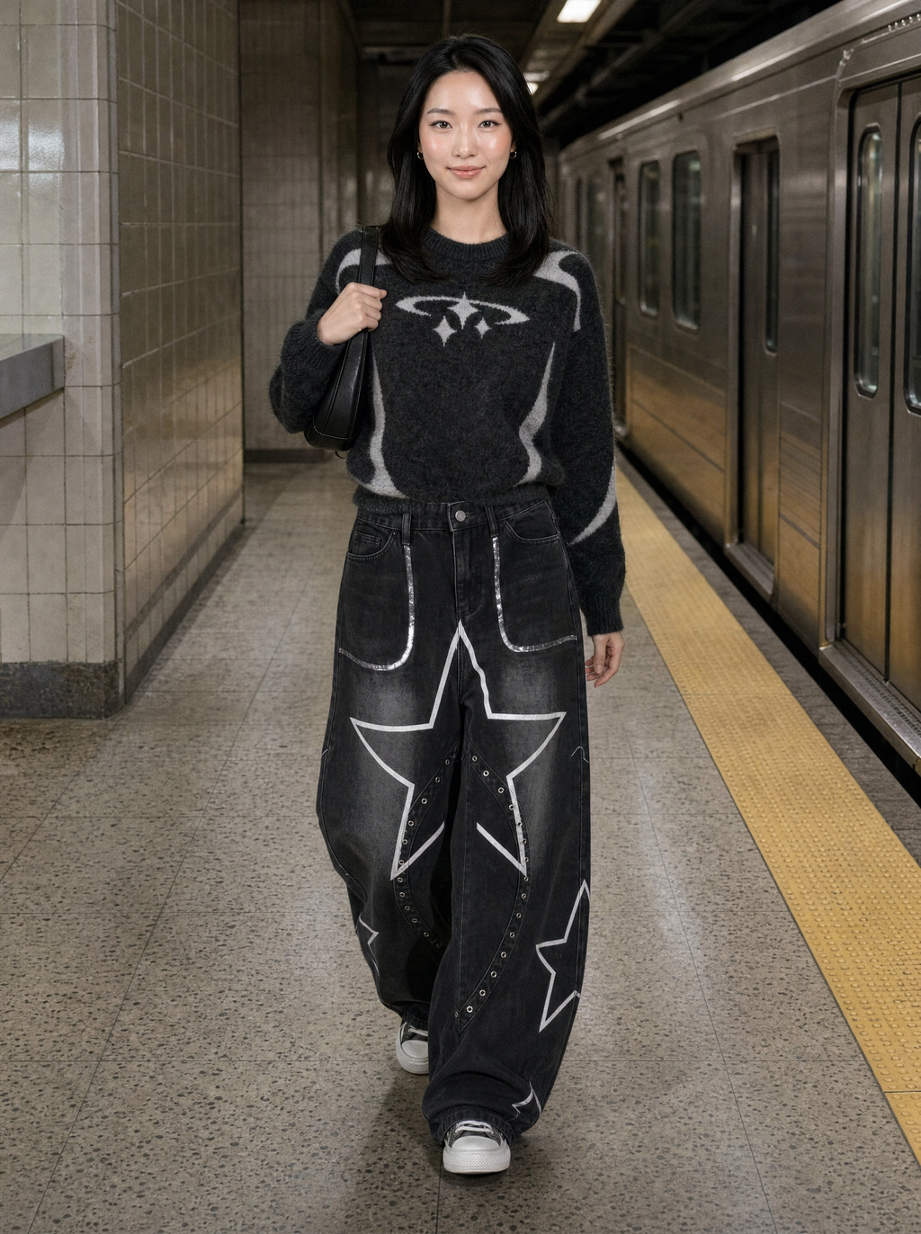 Photo lifestyle | Jean baggy noir délavé à grandes étoiles blanches porté par une femme sur un quai de métro, avec un pull noir à motifs