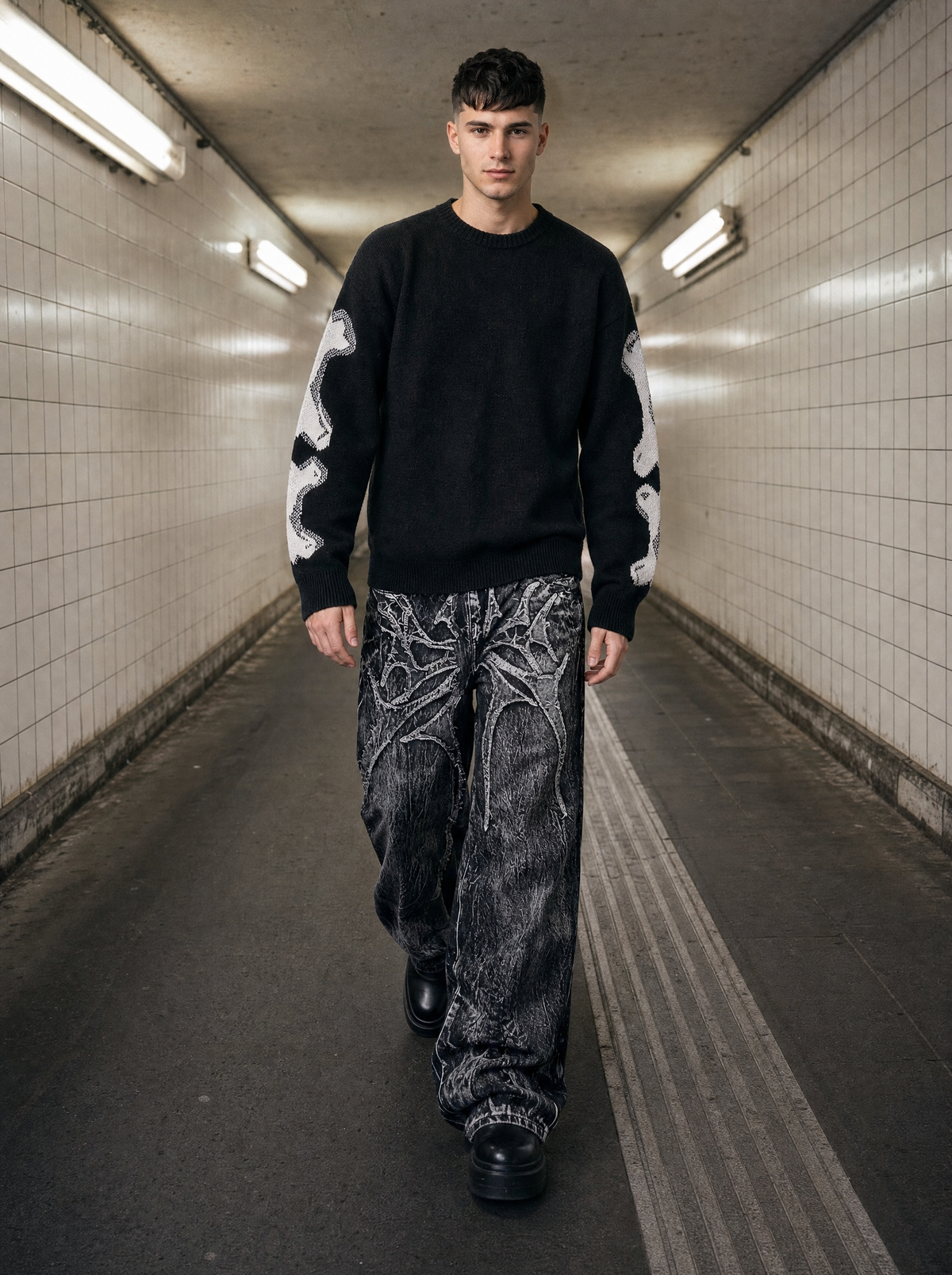 Photo lifestyle | Jean baggy noir délavé à motifs gothiques porté par un homme qui marche dans un tunnel piéton, avec un pull noir à motifs