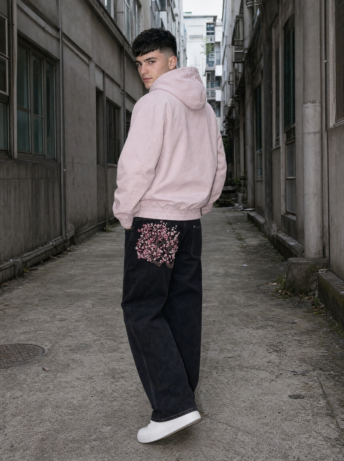 Photo lifestyle | Homme de dos dans une ruelle, jean noir large brodé d'un cerisier en fleurs sur la poche arrière, veste rose pâle