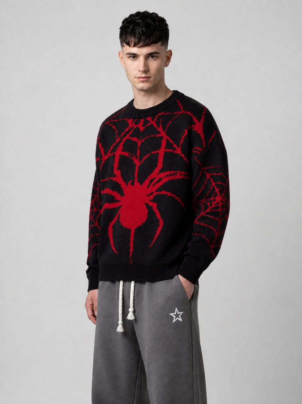Autre vue | Homme portant le pull en maille noir à grande araignée et toiles rouges, vu de trois quarts | Variante : Noir