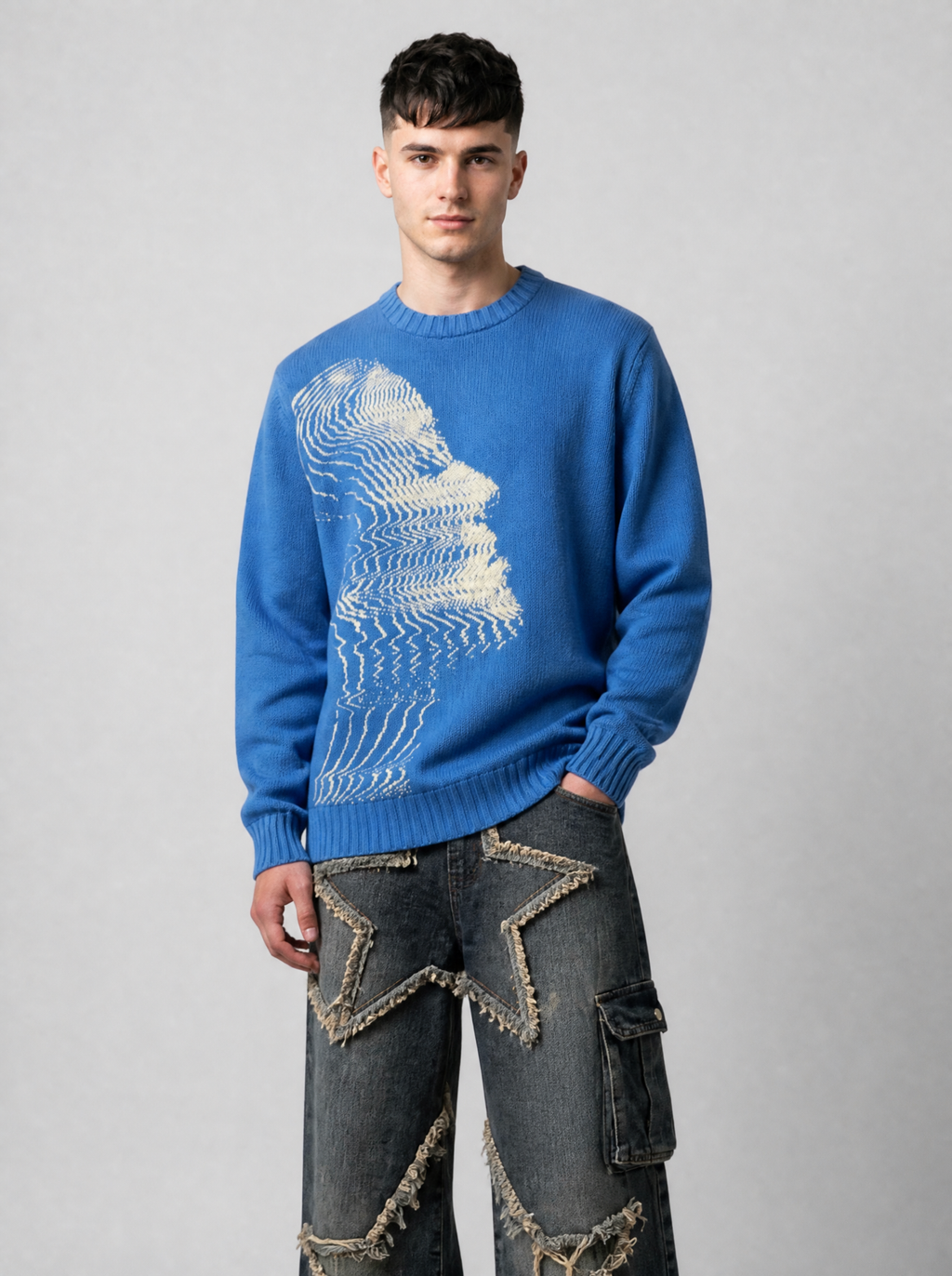 Autre vue | Homme de face en pull bleu cobalt au portrait crème en lignes ondulées, associé à un jean large bleu orné d'étoiles