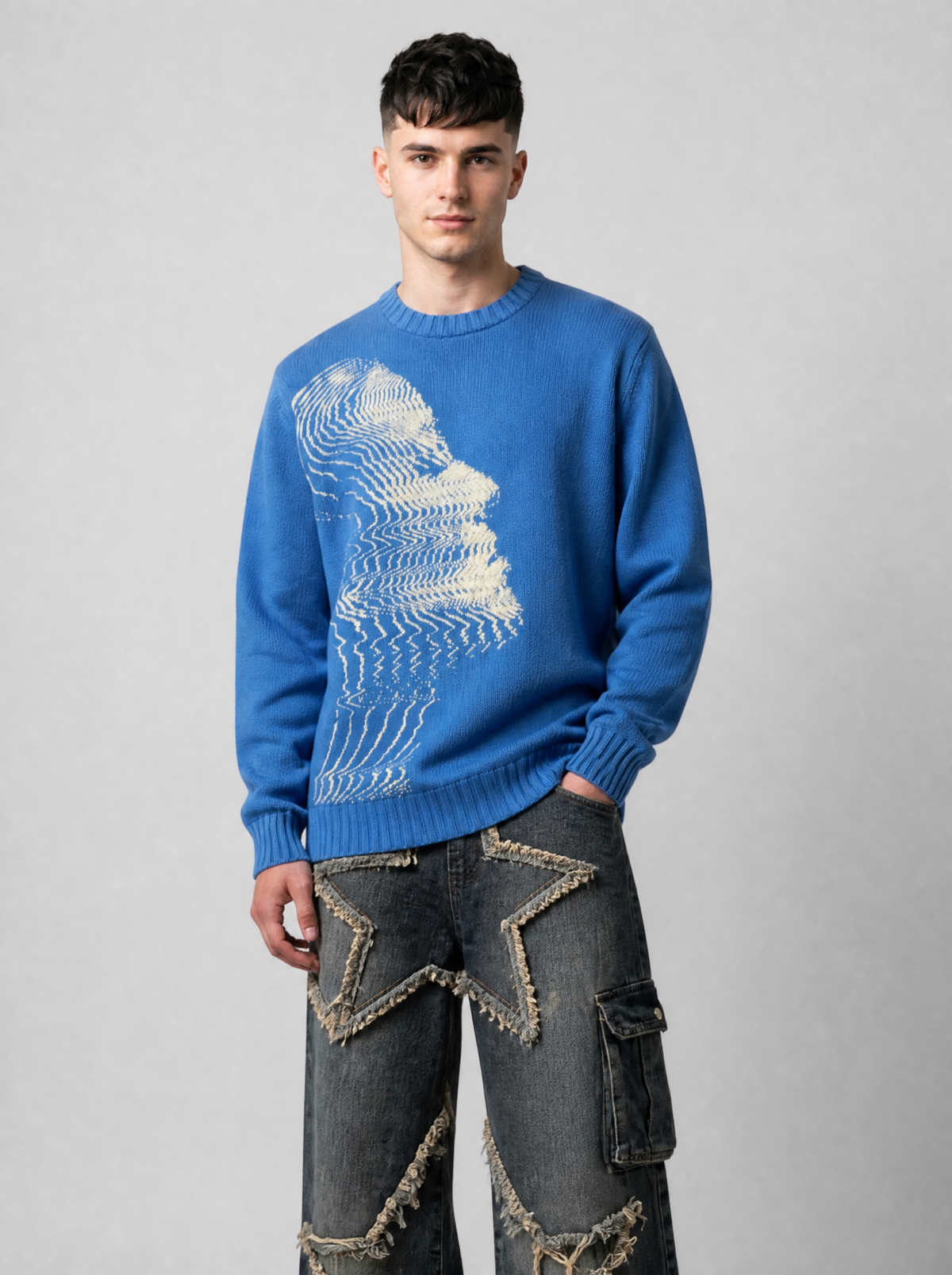 Autre vue | Homme de face en pull bleu cobalt au portrait crème en lignes ondulées, associé à un jean large bleu orné d'étoiles
