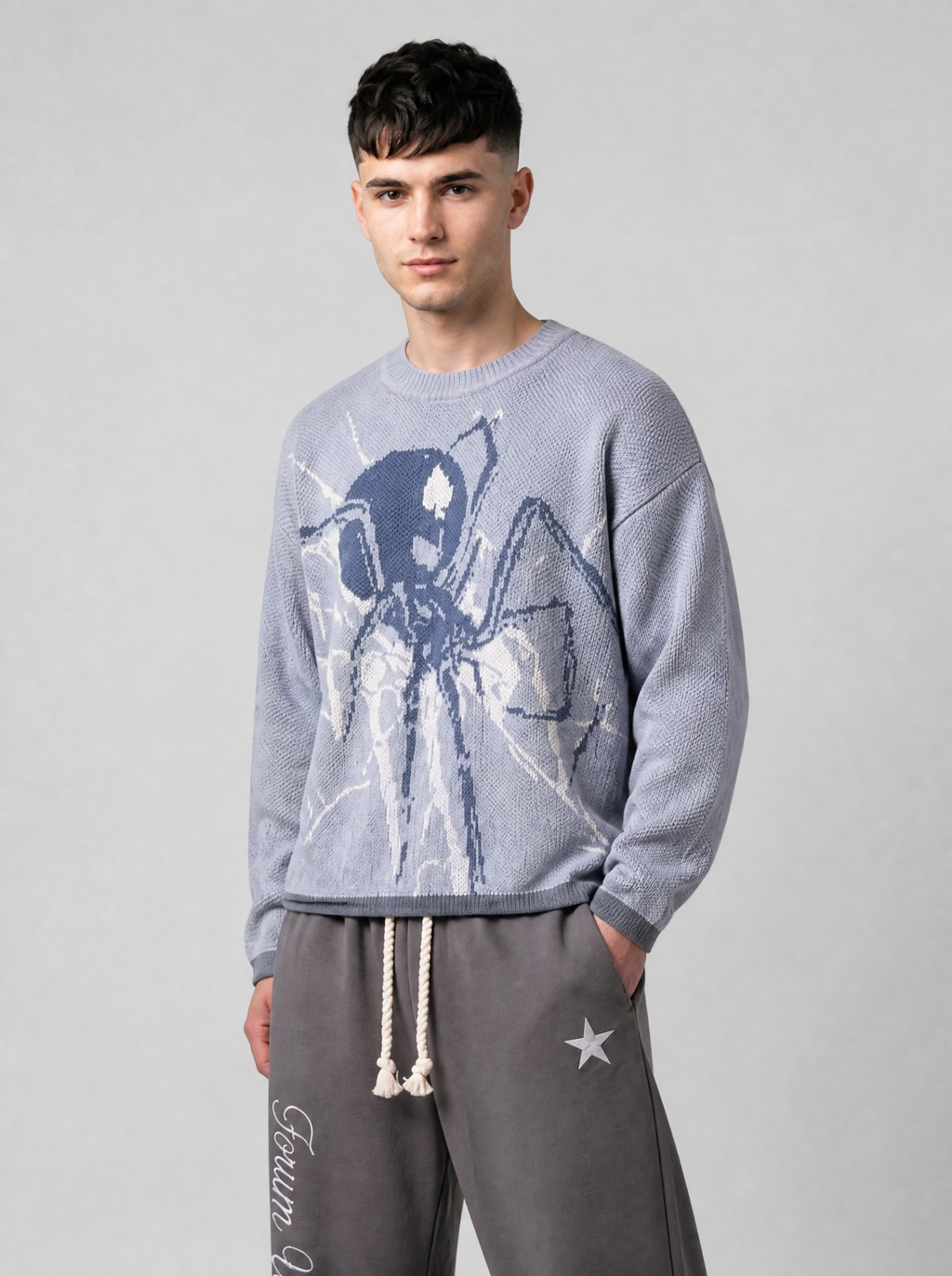 Autre vue | Pull en maille gris lavande à grande araignée bleu ardoise et toile crème, vu de trois quarts sur un homme avec un jogging gris
