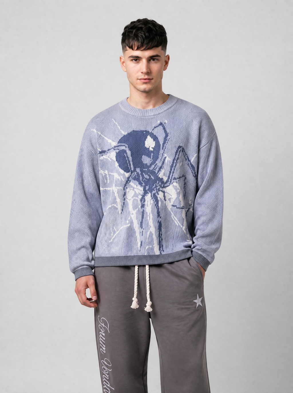 Autre vue | Homme de face portant le pull maille gris lavande motif araignée et toile d'araignée, assorti à un jogging gris à double taille