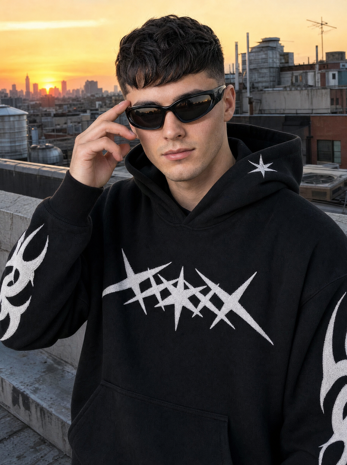 Photo lifestyle | Lunettes de soleil noires enveloppantes portées par un homme sur un toit au coucher du soleil, avec un hoodie noir à motifs | Variante : Noir