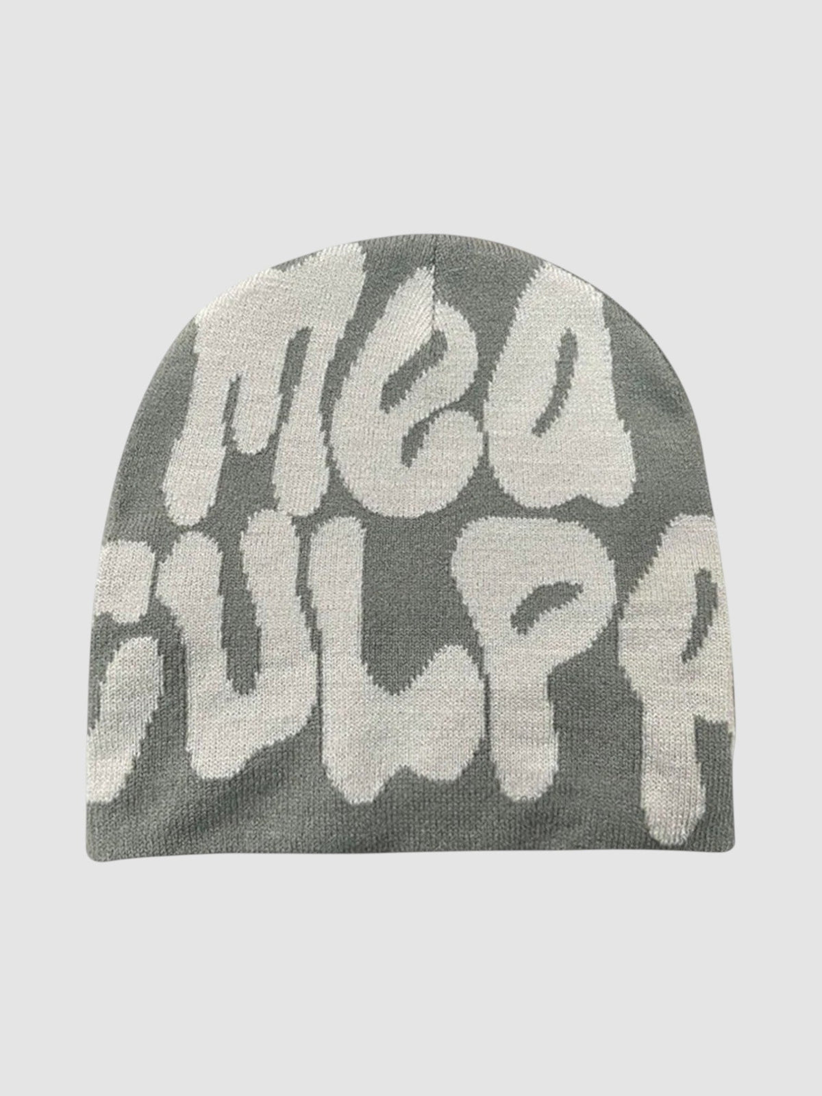 Bonnet Mea Culpa gris clair avec un imprimé lettrage graffiti bulle blanc, coupe skullie.