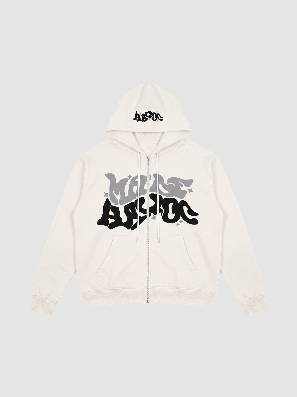 Hoodie zippé blanc cassé avec lettrage graffiti bulle noir et gris et accents étoile.