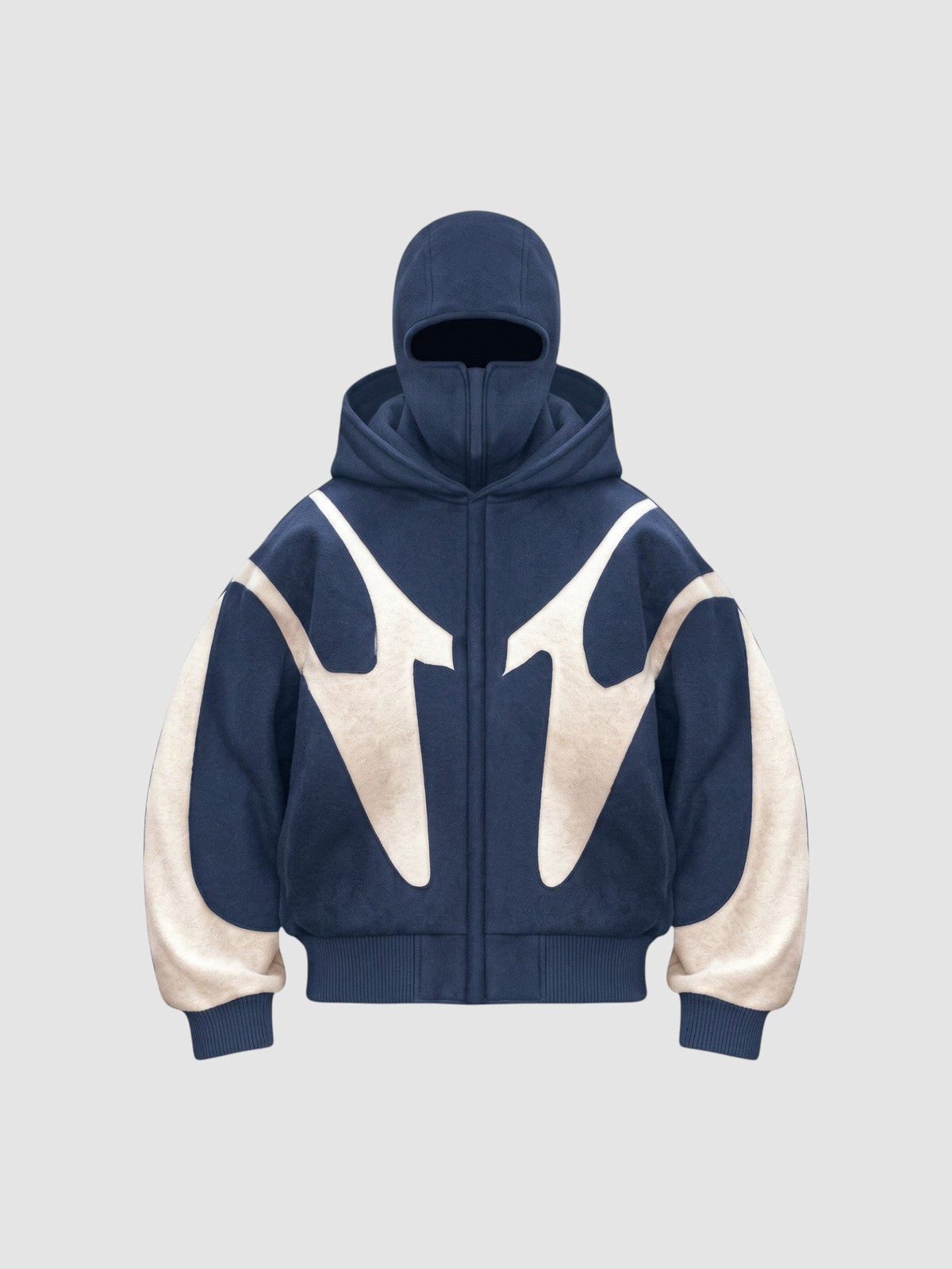 Veste streetwear oversize bleue avec cagoule intégrée, détails graphiques blancs et doublure polaire.