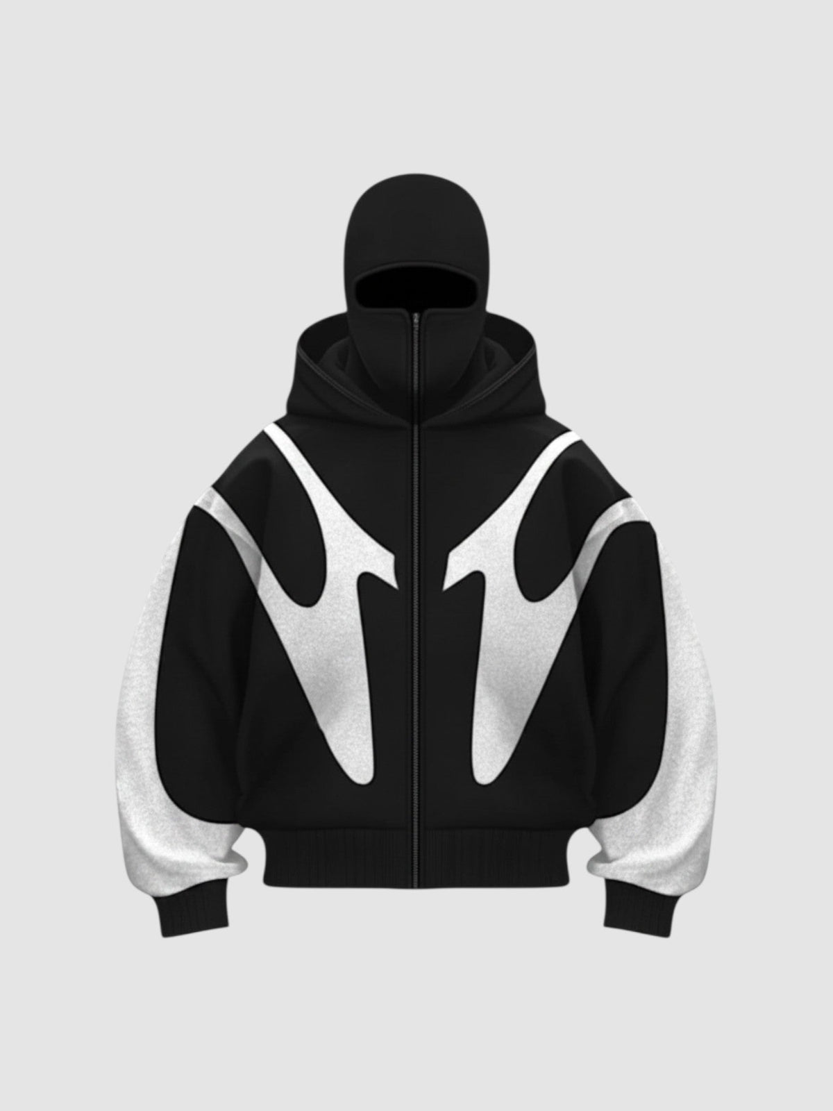 Veste streetwear oversize noire et blanche avec cagoule intégrée et doublure polaire.