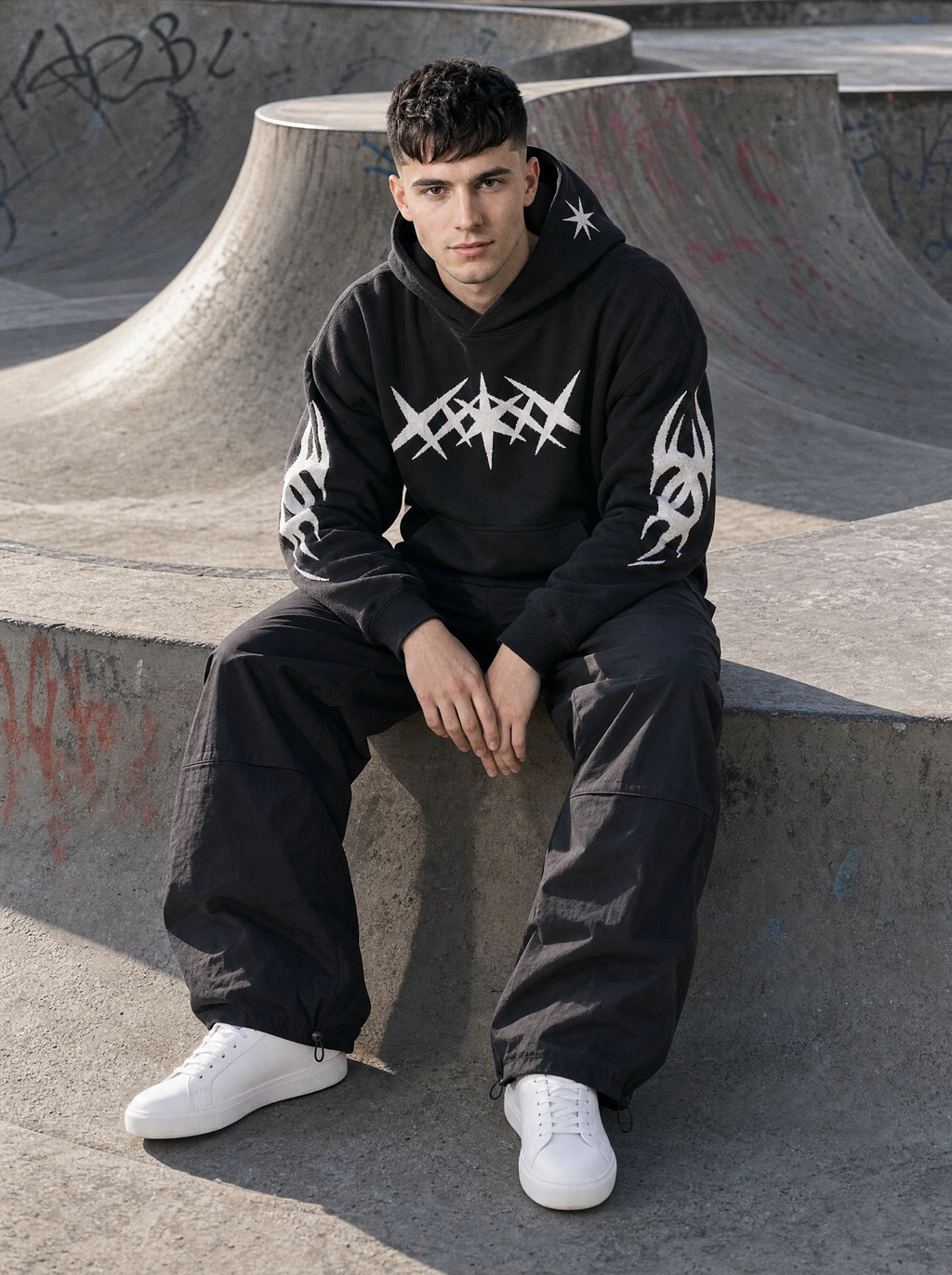 Photo lifestyle | Pantalon parachute noir à chevilles serrées porté par un homme assis dans un skatepark, avec un hoodie noir à motifs blancs