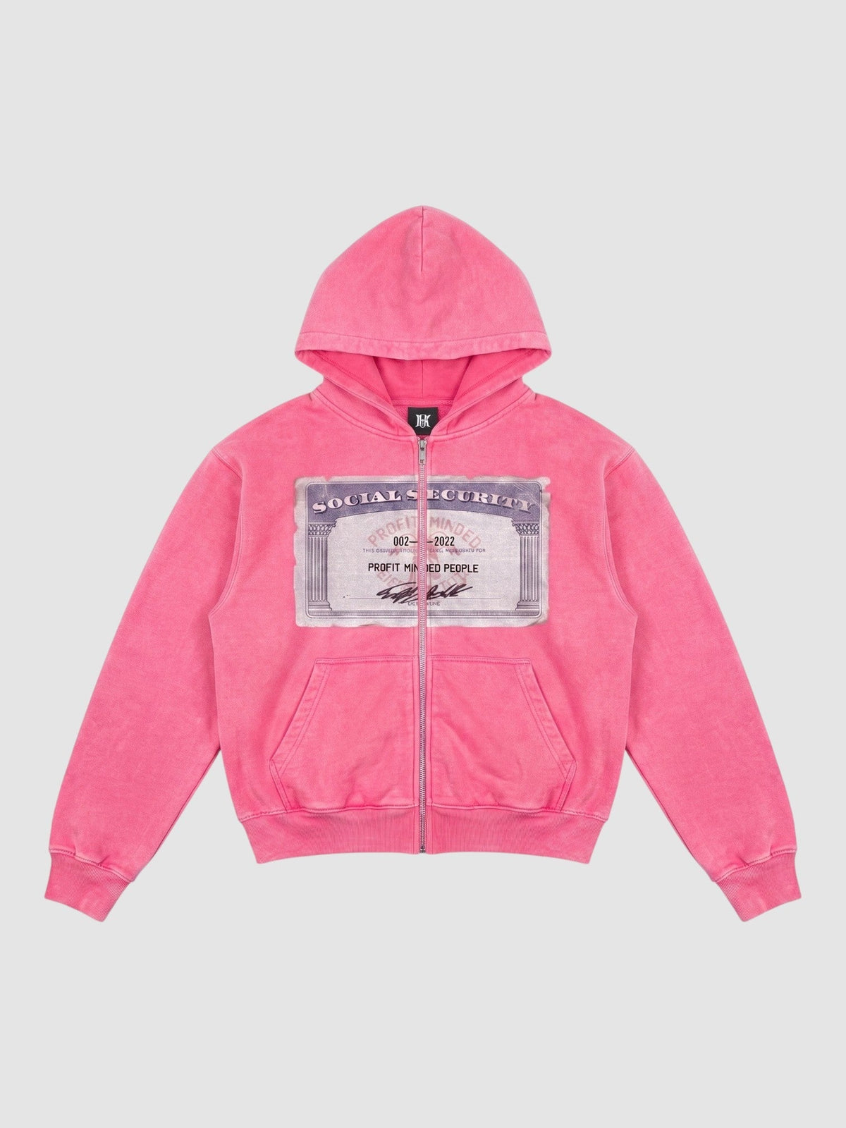 Hoodie zippé rose vif avec graphisme carte Social Security imprimé sur la poitrine et fermeture zippée métallique.