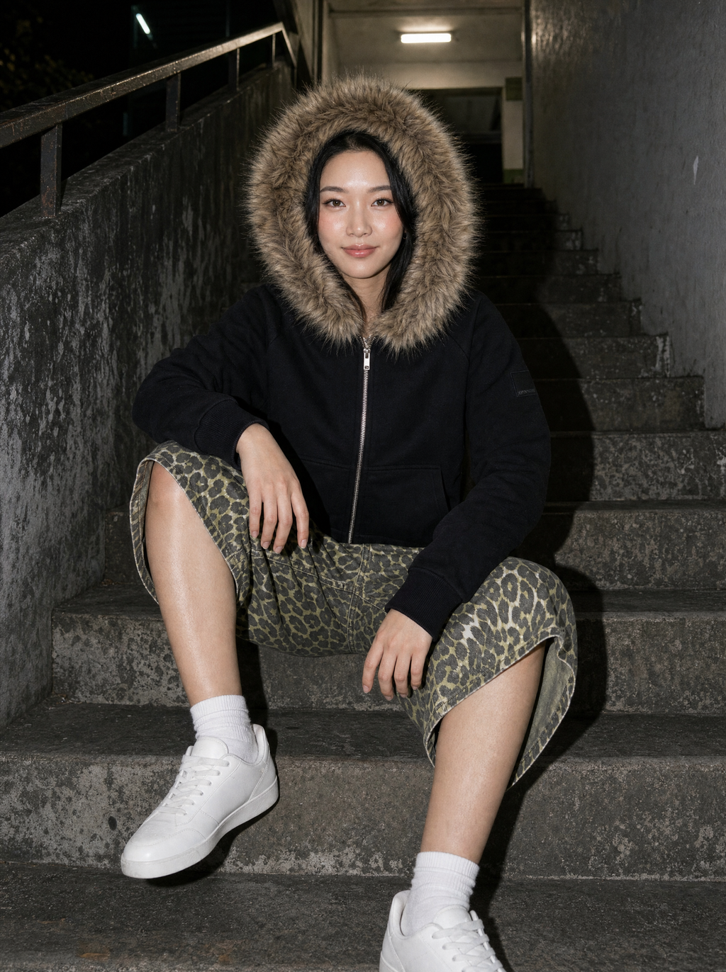 Photo lifestyle | Sweat zippé noir à capuche bordée de fausse fourrure porté par une femme assise dans une cage d'escalier en béton, de nuit | Variante : Noir