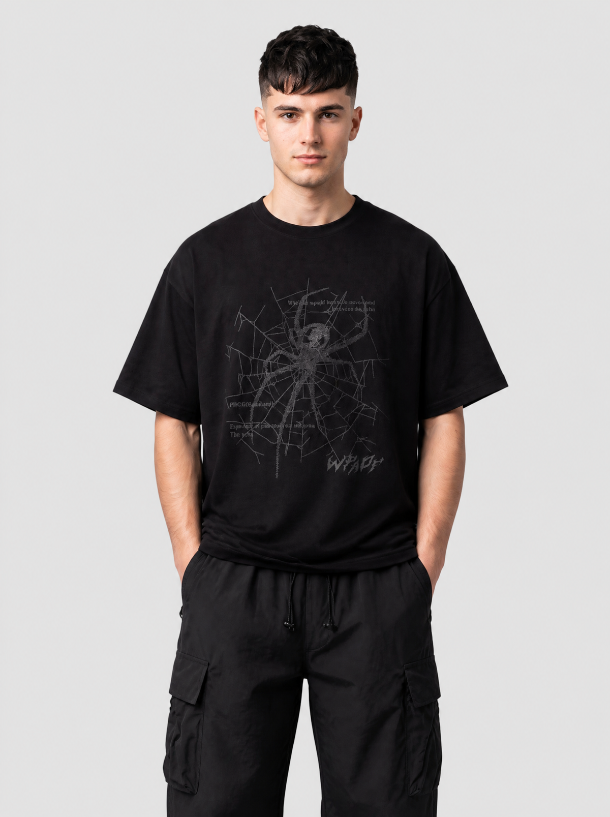 Autre vue | Homme de face en t-shirt noir imprimé araignée sur sa toile ton sur ton gris, avec un pantalon cargo parachute noir | Variante : Noir