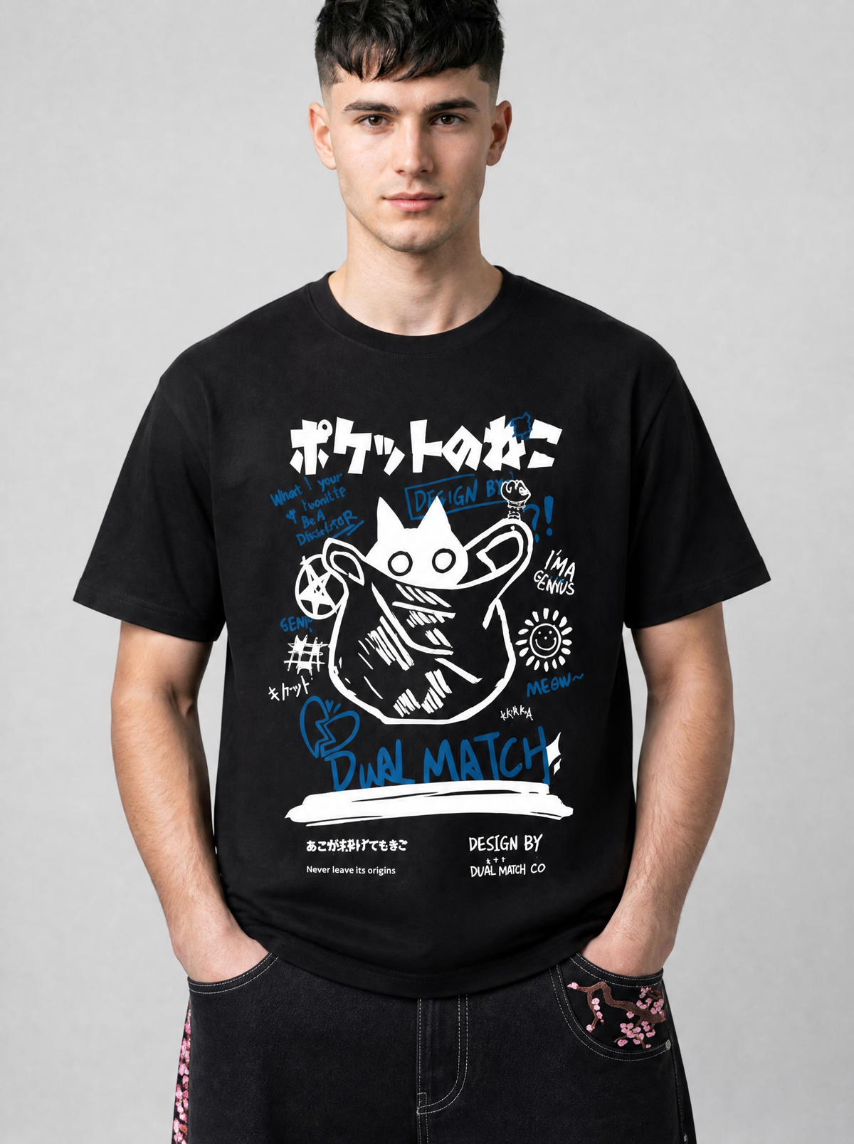 Photo détail | Gros plan sur l'imprimé du t-shirt noir : titre japonais blanc, chat qui sort d'un sac et lettrage bleu au pinceau | Variante : Noir