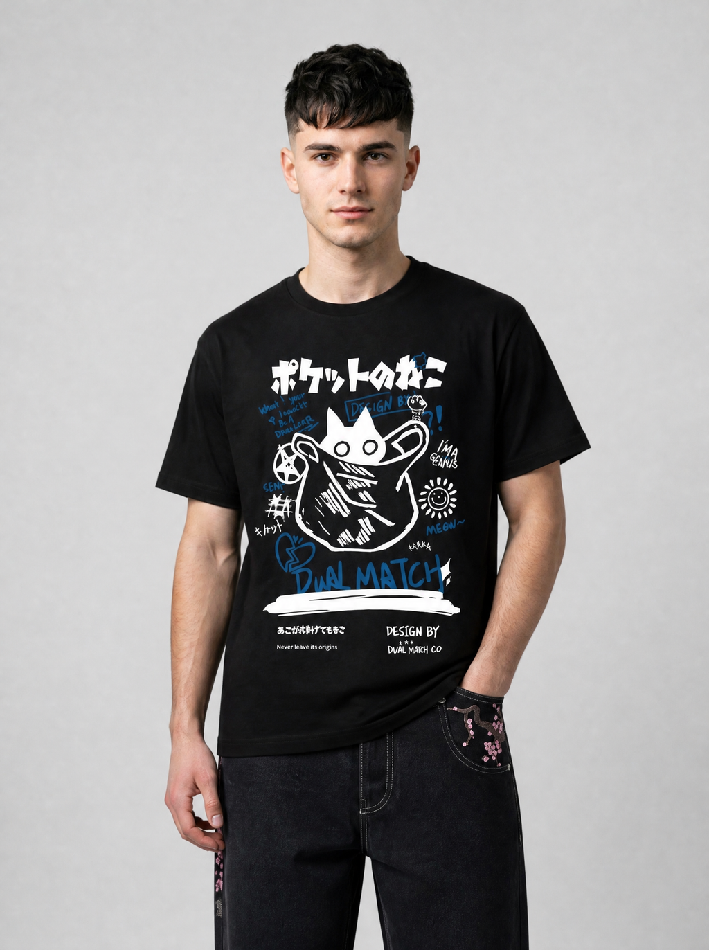 Autre vue | Homme de face en t-shirt noir imprimé chat dans un sac, gribouillis bleus et lettrage japonais, porté avec un jean noir large | Variante : Noir