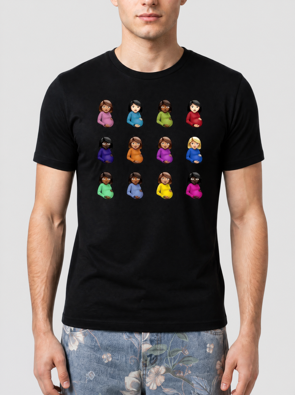 Photo détail | Gros plan sur la poitrine du t-shirt noir : grille de douze emojis aux hauts colorés, trois rangées de quatre | Variante : Noir