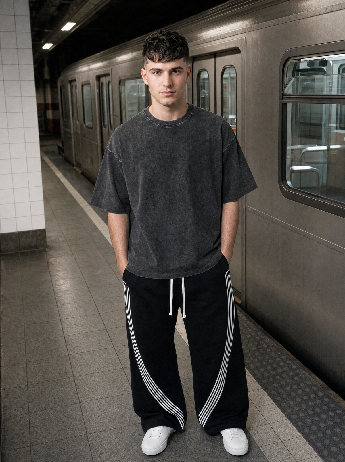 Photo lifestyle | T-shirt oversize uni noir délavé porté par un homme sur un quai de métro avec un jogging noir, ambiance urbaine | Variante : Noir