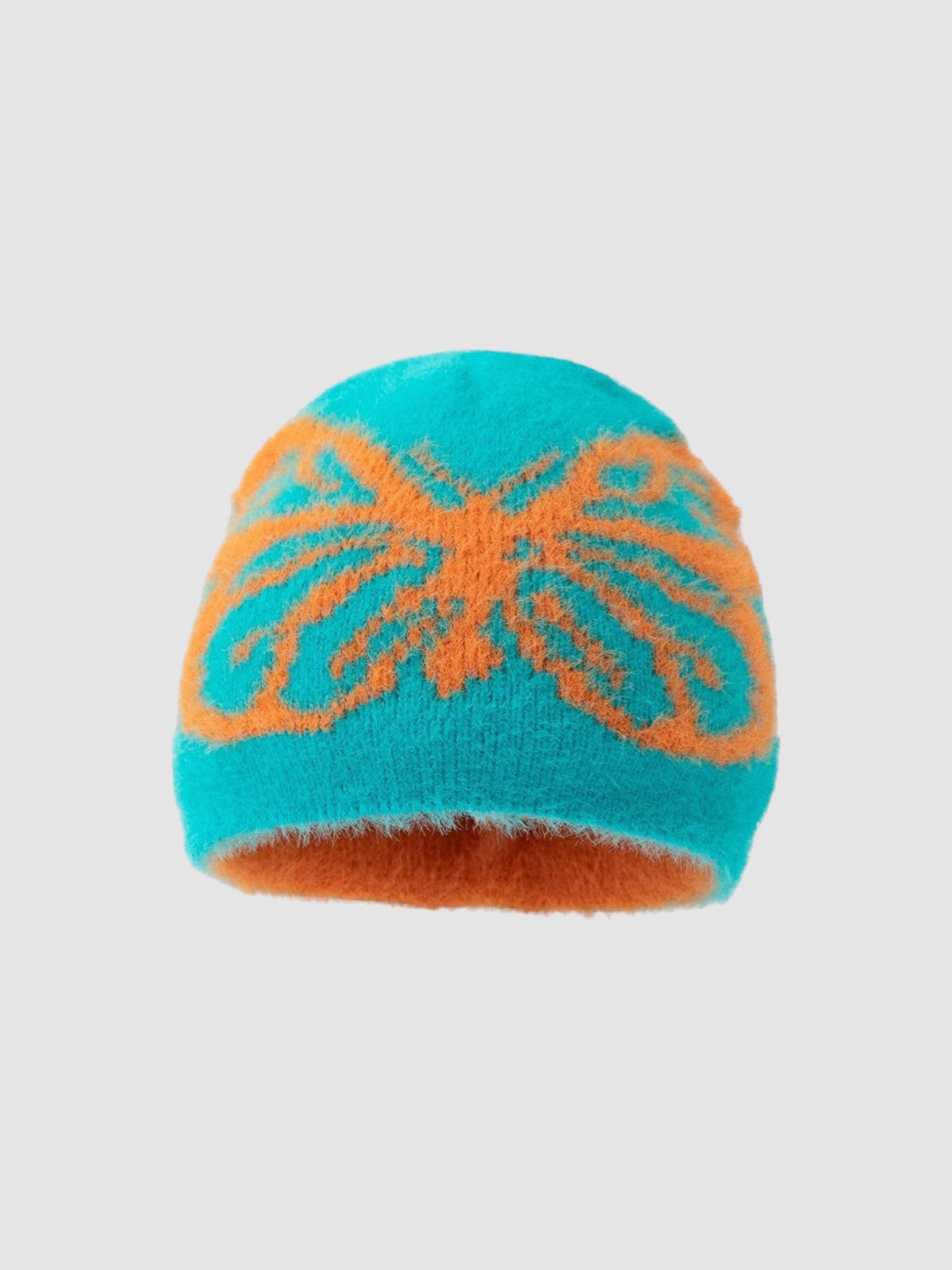 Bonnet Papillon duveteux bleu cyan et orange avec motif papillon marqué, pour un look décontracté d'hiver.