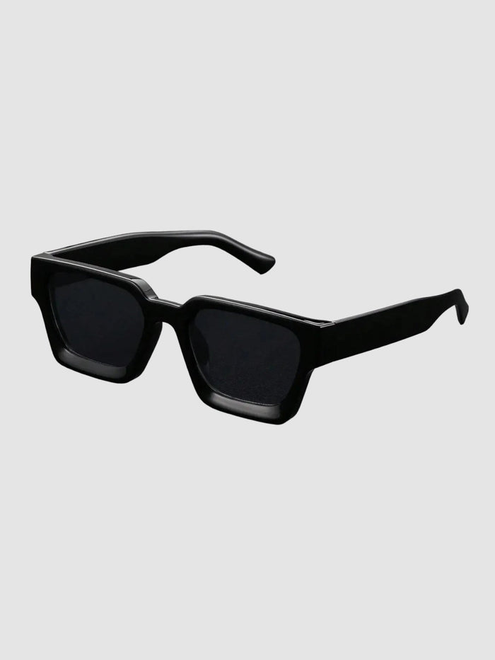 Lunettes de soleil rectangulaires épaisses noires avec montures larges et verres polycarbonate UV400.