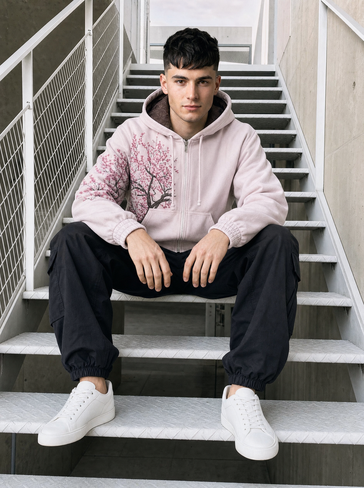 Photo lifestyle | Homme assis sur un escalier extérieur en métal blanc, veste zippée rose pâle brodée d'un cerisier et cargo noir