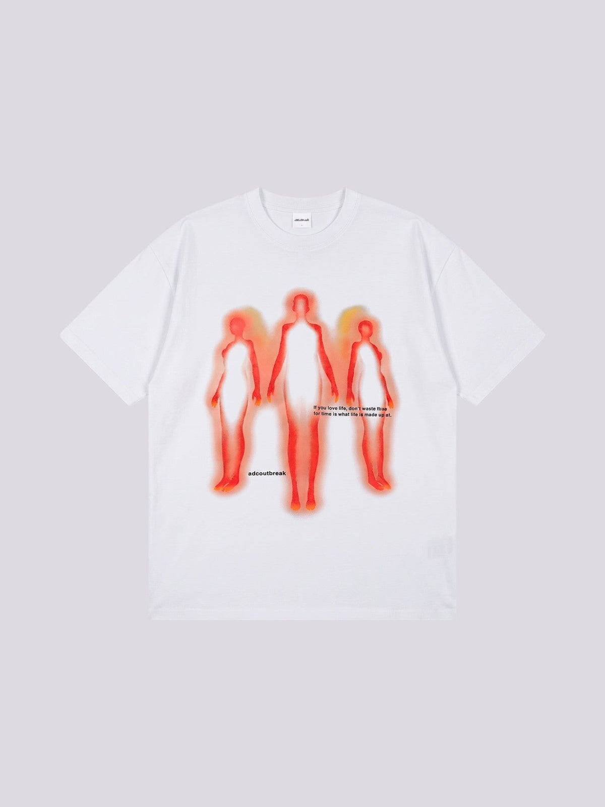 T-shirt oversize blanc en coton avec graphisme thermique d'une silhouette humaine en rouge et orange.