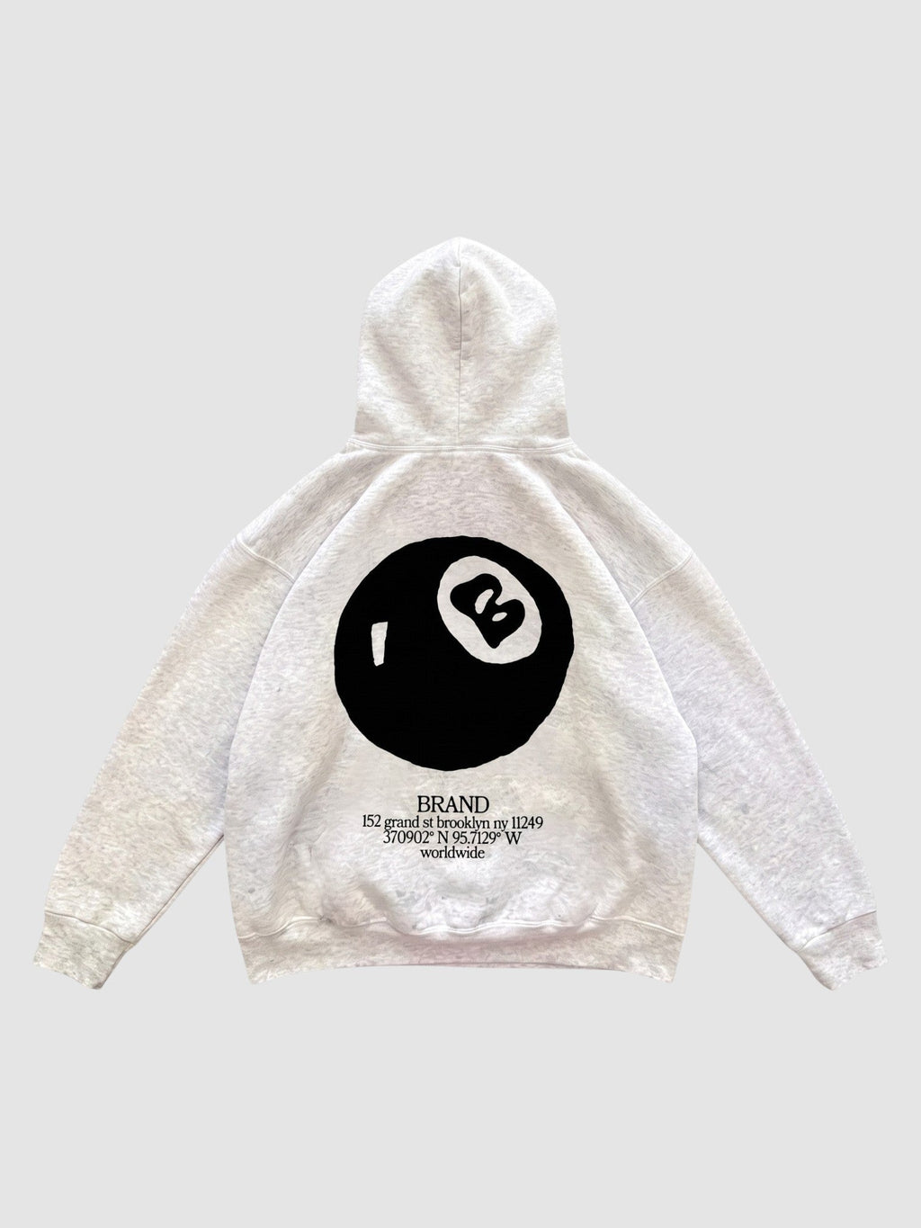 Y2K Avenue 8 ball hoodie in heather grey with a large black graphic print on the back and bubble lettering