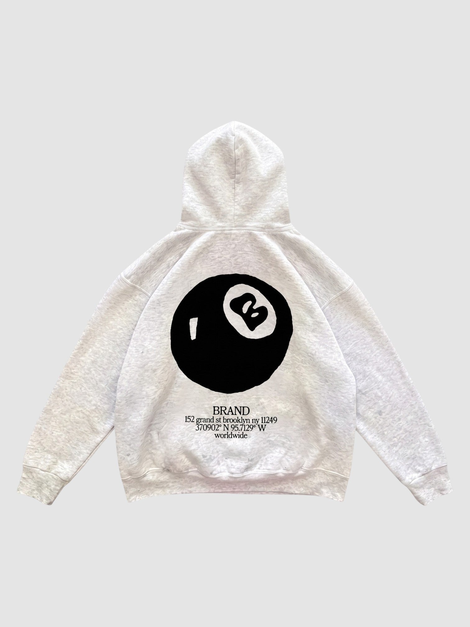 Y2K Avenue 8 ball hoodie in heather grey with a large black graphic print on the back and bubble lettering