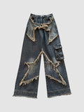 Y2K Avenue high-waisted baggy cargo jeans in indigo denim with frayed star-shaped patchwork and side cargo pocket.