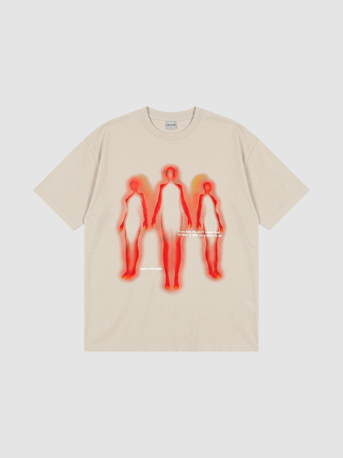 Y2K Avenue beige oversized cotton t-shirt with red and orange thermal-style human silhouette graphic print