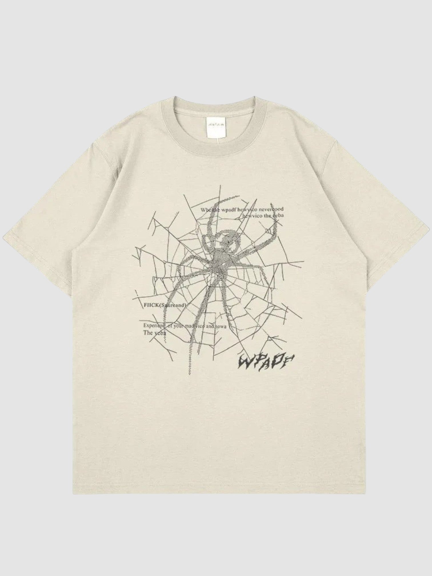 Y2K Avenue beige oversized cotton-blend t-shirt with a dark grey spider web graphic and gothic lettering