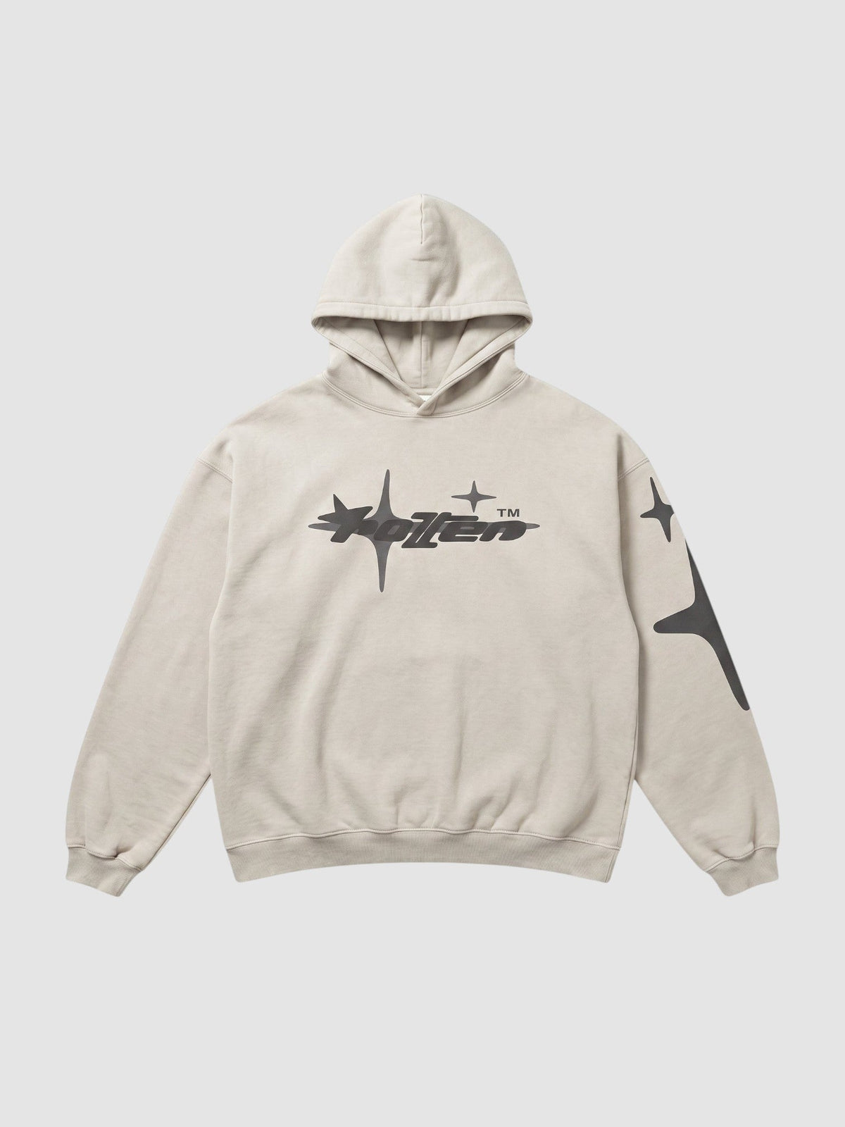 Y2K Avenue beige oversized hoodie with grey star graphic and lettering on the chest and sleeve