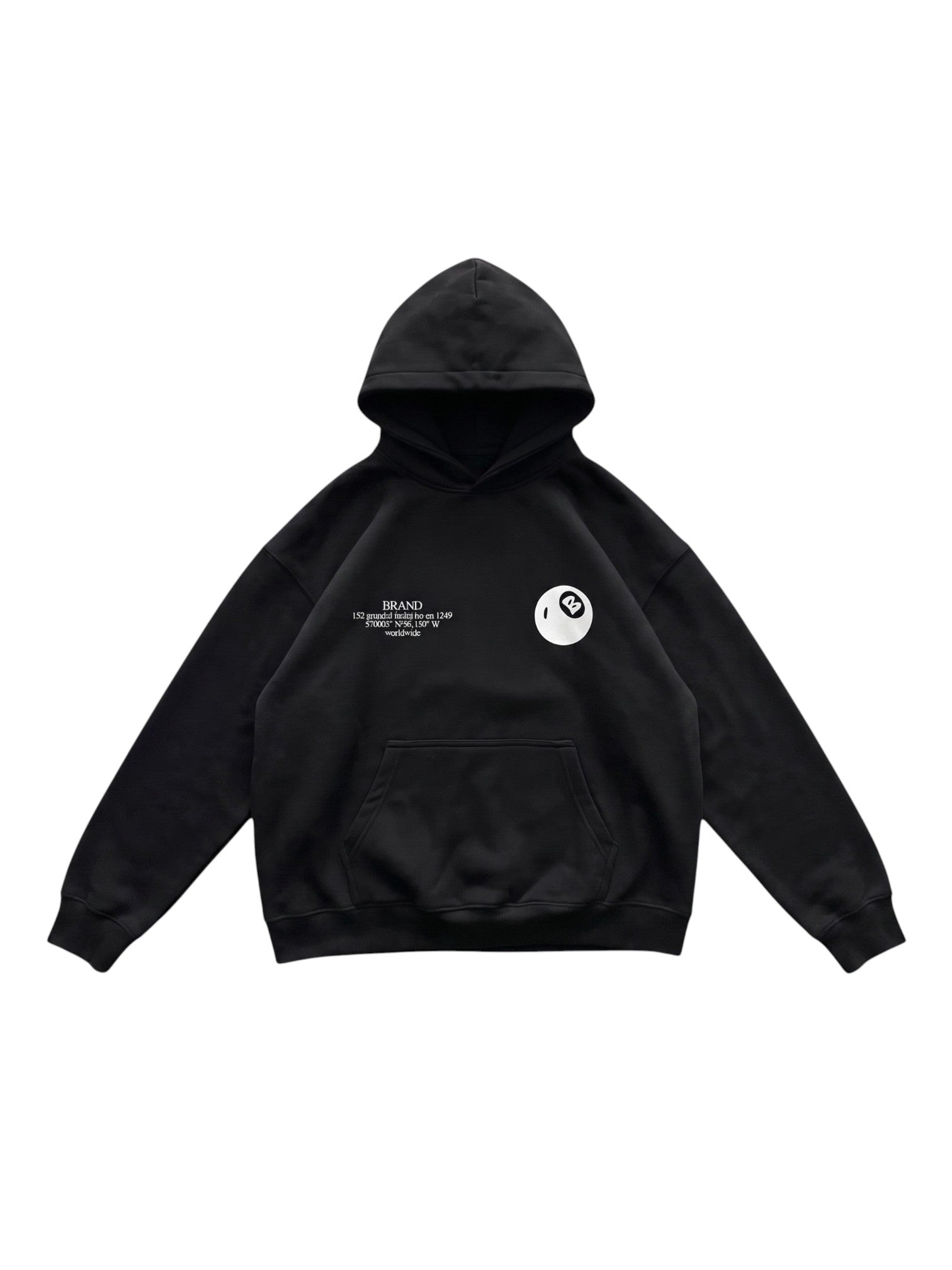 Y2K Avenue black oversized hoodie with white 8 ball graphic and text on the chest, featuring a kangaroo pocket.