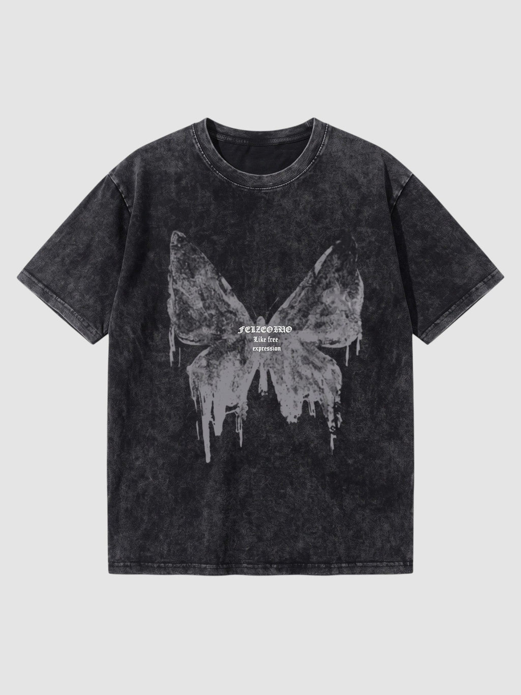 Y2K Avenue black acid wash boxy t-shirt with a grey dripping butterfly graphic and gothic lettering on the chest.