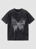 Y2K Avenue black acid wash boxy t-shirt with a grey dripping butterfly graphic and gothic lettering on the chest.